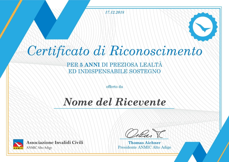 Certificato di Riconoscimento Associazione Invalidi Civili (ANMIC Alto Adige)