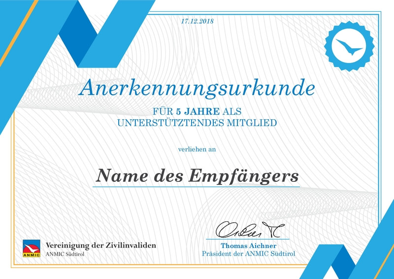 Anerkennungsurkunde Vereinigung der Zivilinvaliden (ANMIC Südtirol)